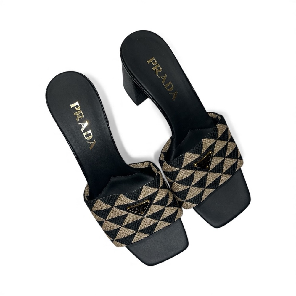Prada Black Tan Slide Sandals Heeled Mules Jacquard Triangolo Open Toe 7.5 🟡 - Picture 3 of 13